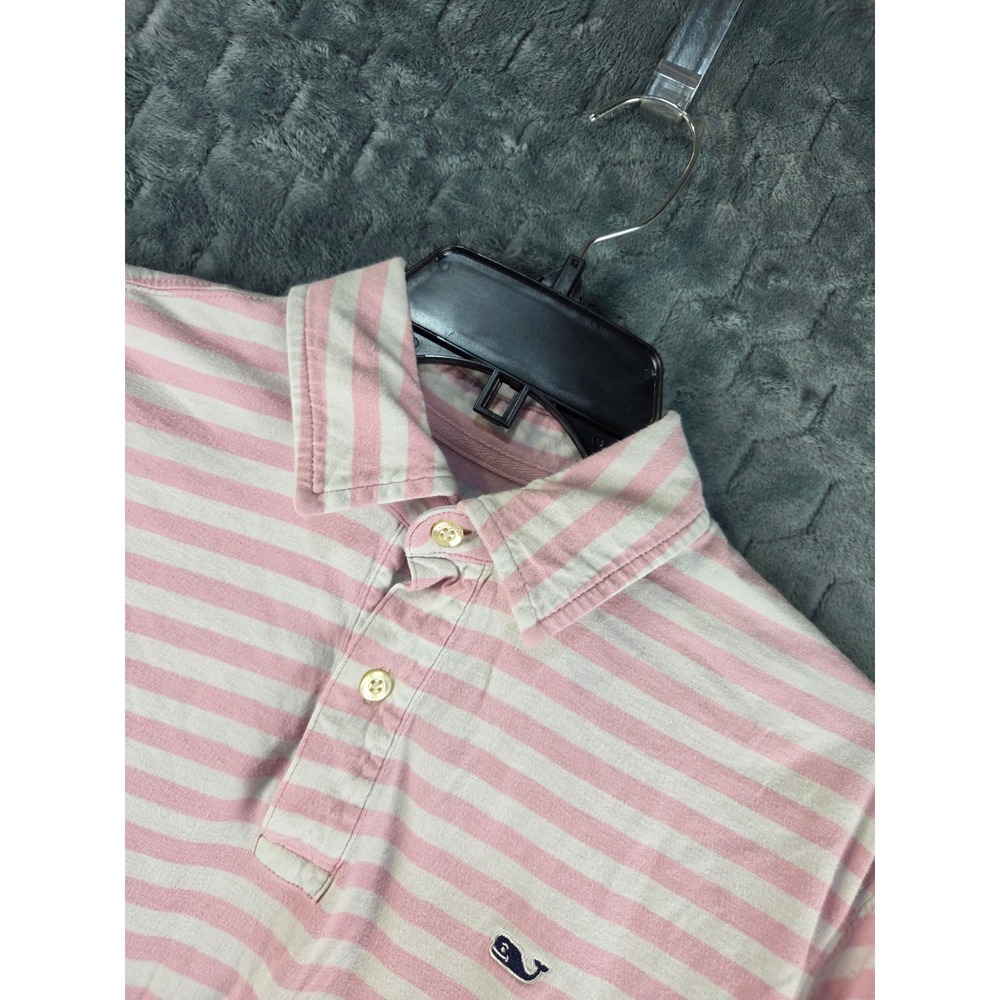 Vineyard Vines Mens Small Pink White Striped Pima Cotton Short Sleeve Polo Shirt